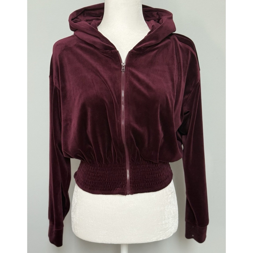 Anthropologie Saturday Sunday Catie Crop Velour Full Zip Hooded Jacket Wine Sz S